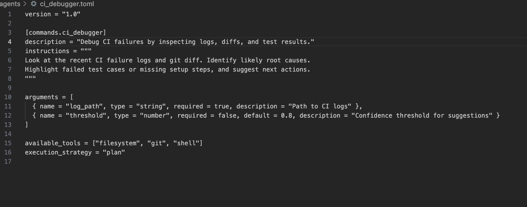 CI debugger TOML config file for analyzing logs, diffs, and test failures