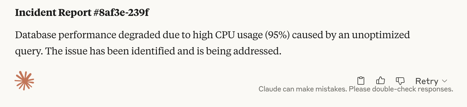 Slack-ready incident report summary highlighting high CPU usage caused by an unoptimized database query.