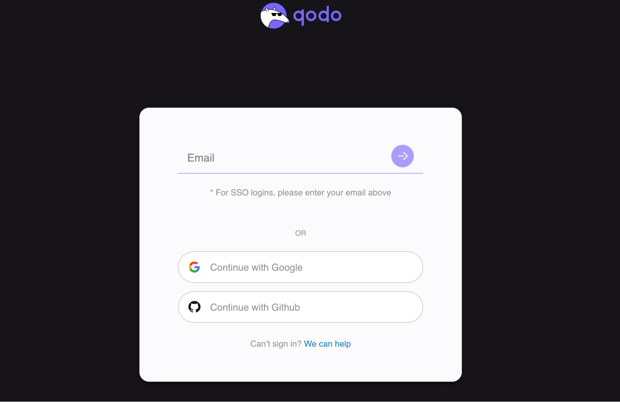 Qodo login screen with email, Google, and GitHub sign-in options.