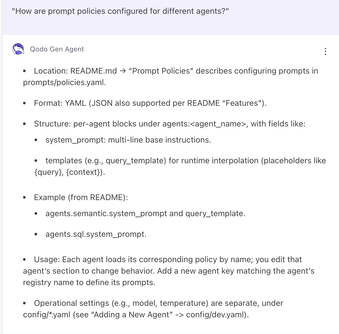 Qodo Gen Agent explaining how to configure prompt policies for different agents using YAML with examples and usage details.