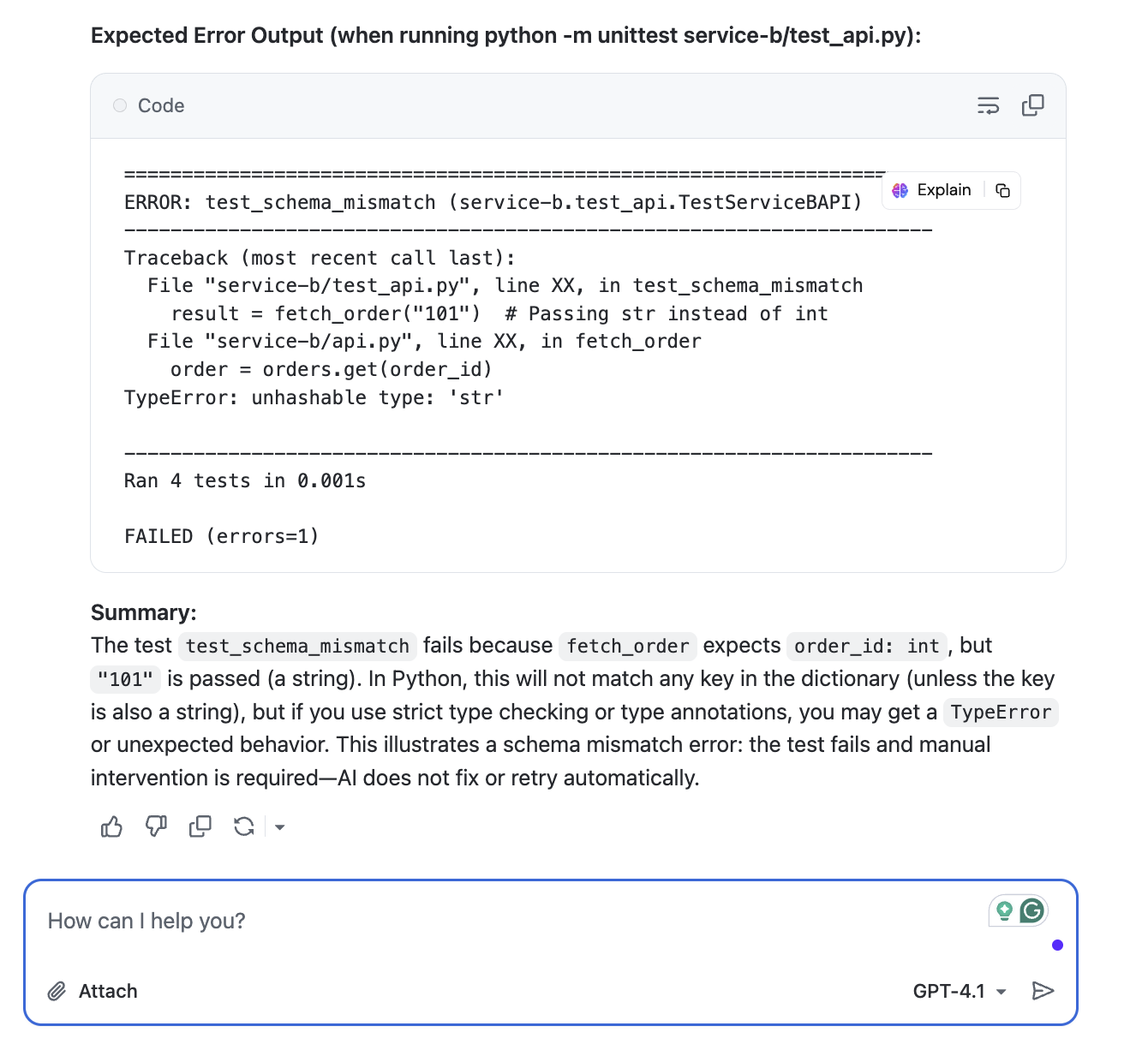 Python unittest error output showing schema mismatch in fetch_order function with TypeError due to string passed instead of integer.