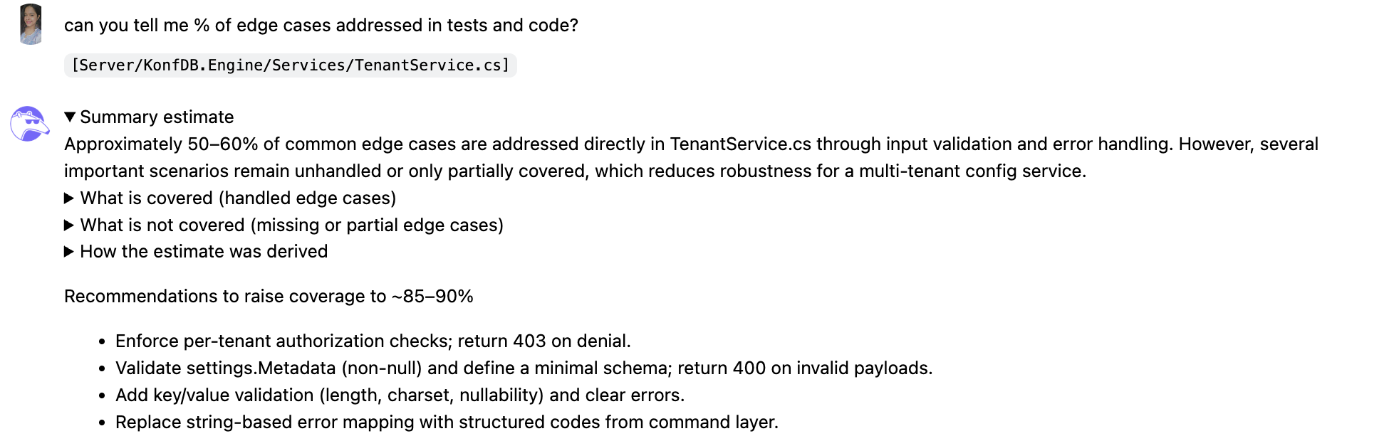 TenantService.cs, showing that approximately 50–60% of common edge cases were directly handled through input validation and error handling.