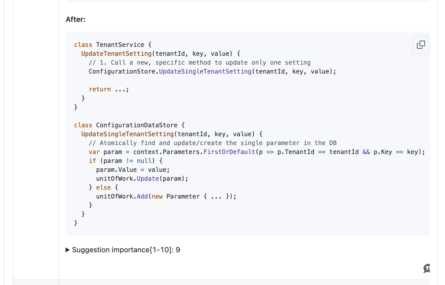 Qodo suggested refactoring the method to update only the specific setting directly in the database using a new UpdateSingleTenantSetting method