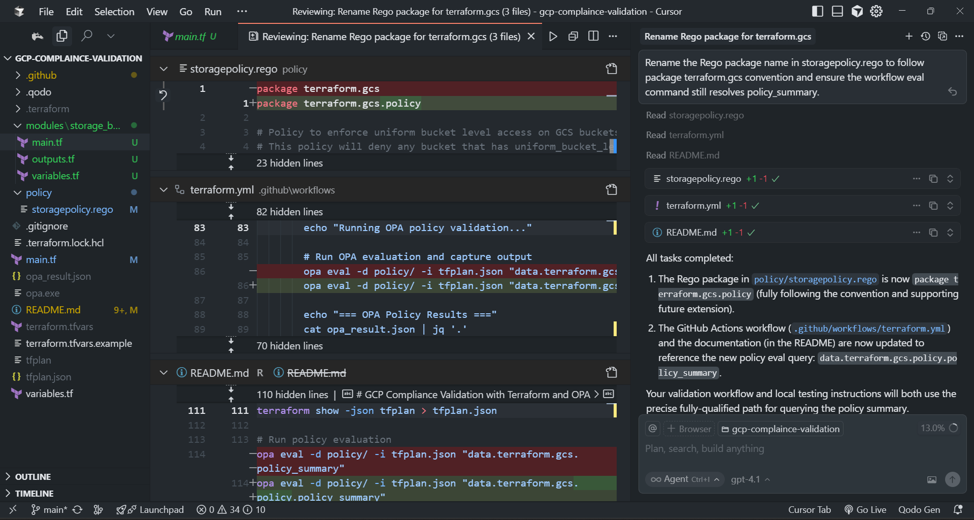 Code review in VS Code showing edits to Terraform and Rego files for GCP compliance validation, including policy renaming and workflow updates.