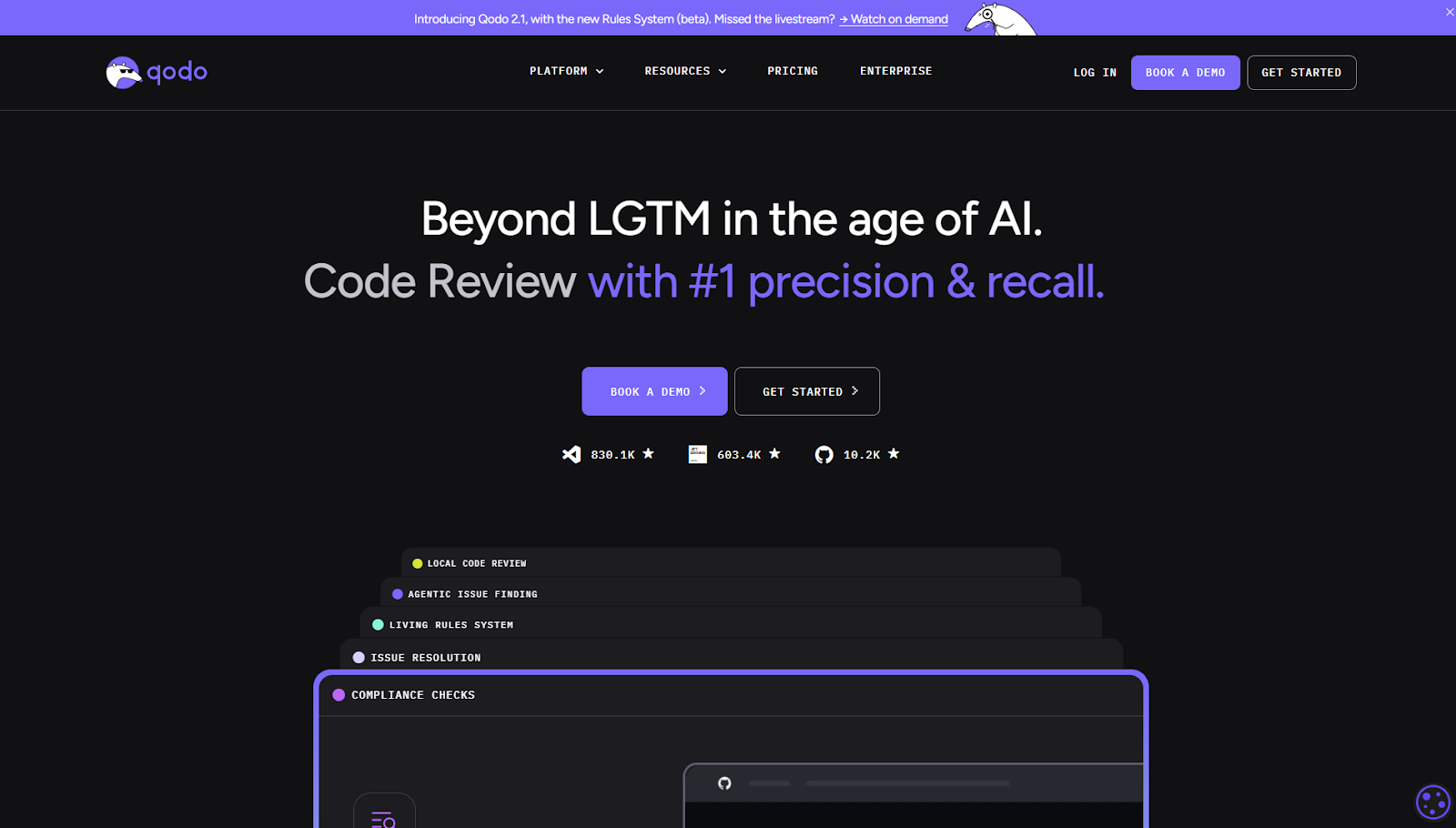Qodo AI code review platform showing an enterprise pull request review workflow and automated compliance checks